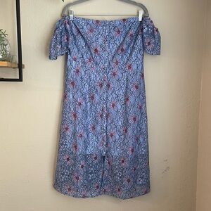 Avec Les Filles Blue Floral Off Shoulder Button Down Lace Dress
